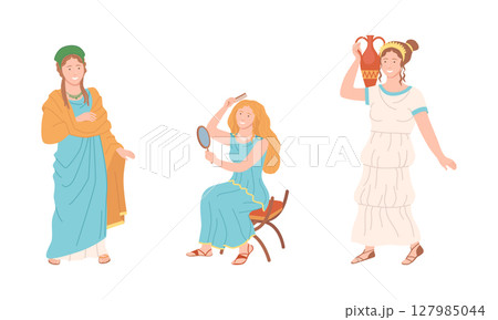 Roman women in traditional clothing set. Ancient Rome citizen characters cartoon vector illustration 127985044