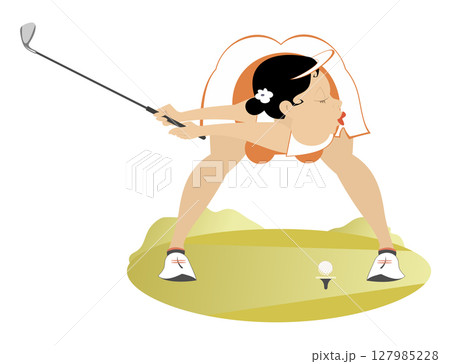 Golfer woman on the golf course. Golf course. Cartoon young golfer woman aiming to do a good shot. Isolated on white background	 127985228