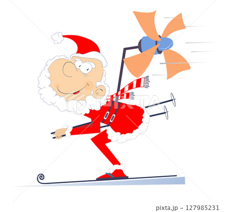 Skiing Santa Claus illustration. Winter sport. Santa Claus tries to skiing faster using a propeller. Isolated on white background	 127985231