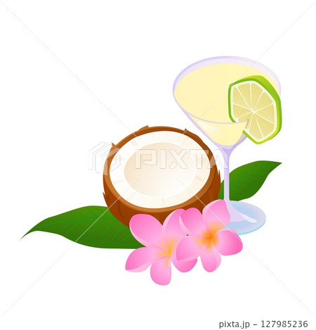 Tropical coconut cocktail with lime slice half coconut pink plumeria flowers and green leaves isolated on white background summer beach exotic vacation drink concept illustration 127985236