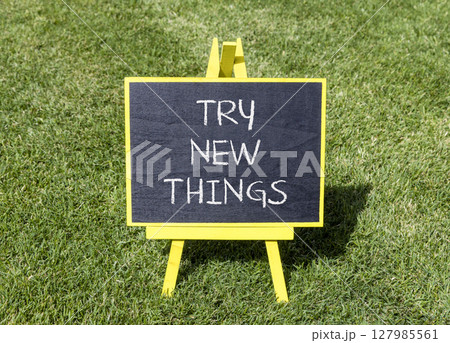 Try new things symbol. Concept words Try new things on beautiful yellow blackboard. Beautiful green grass lawn background. Business motivational lifestyle try new things concept. Copy space. 127985561