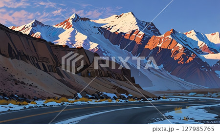 Winter wonderland scene with a snow-covered road winding past icy mountains and a glistening path 127985765