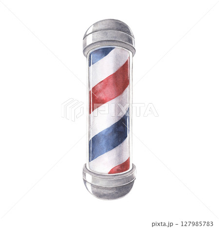 Barber pole. Watercolor illustration of red white blue traditional element of barbershop. Hand-drawn symbol isolated on white background, perfect for retro branding, decor, cards and vintage design Barber pole. Watercolor illustration of red white blue traditional element of barbershop. Hand-drawn symbol isolated on white background, perfect for retro branding, decor, cards and vintage design 127985783