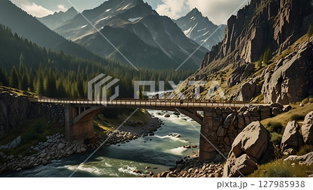 Scenic view of a weathered wooden footbridge amidst steep mountain peaks 127985938