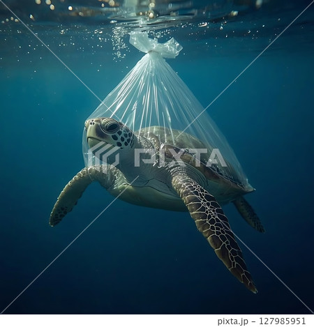 Plastic pollution threatens sea turtle floating helpless ocean life 127985951