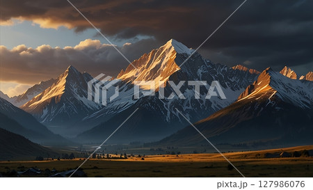Icy blanket covering a high brown mountain in a remote winter highland, surrounded by silence and cold winds Icy blanket covering a high brown mountain in a remote winter highland, surrounded by silence and cold winds 127986076