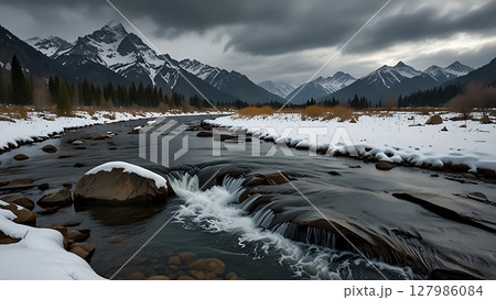 Icy Waterfall Tumbles from Frost-Covered Cliffs into a Deep Valley Wrapped in White Silence and Winter Shadows 127986084