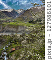 Blooming cherry trees against the mountains on the Georgian Military road. High quality photo 127986101