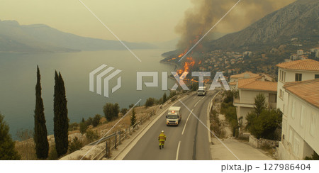View of intense fire along coastal area with smoke rising, showcasing emergency responders and vehicles during wildfire incident 127986404