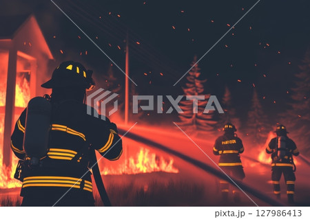 Firefighters engaged in intense firefighting efforts at night while battling wildfires in a wooded area, focusing on controlling flames and protecting surroundings 127986413
