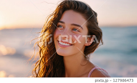 beautiful smiling girl on the beach at sea at sunset 127986473