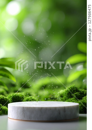 podium for advertising cosmetics products on the background of green plants moss and grass 127986475