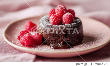 delicious dessert chocolate fondant with raspberries 127986477