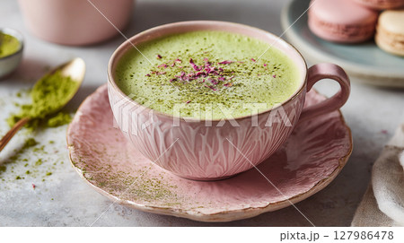 beautiful  cappuccino in pink ceramic cup with matcha 127986478