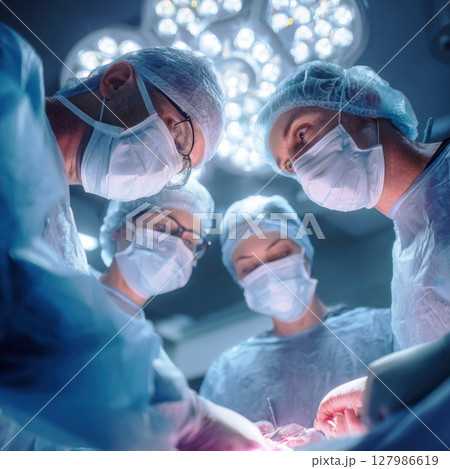 Life-Saving Precision: A Dedicated Surgical Team Performs a Critical Operation Under Bright Lights, Embodying Medical Expertise. 127986619