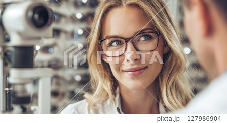 New Eyewear, Renewed Confidence: Happy Woman Trying on Glasses at an Optometrist's Office, Ensuring Clear Vision and Stylish Choices. 127986904