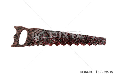Old retro rusty handle saw in red blood isolated on white background with clipping path Old retro rusty handle saw in red blood isolated on white background with clipping path 127986940