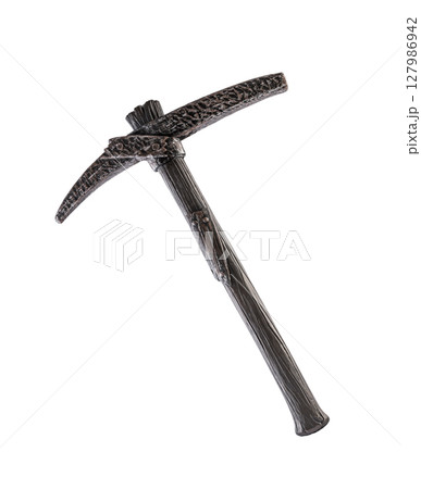 Vintage pickaxe with wood handle isolated on white background with clipping path 127986942