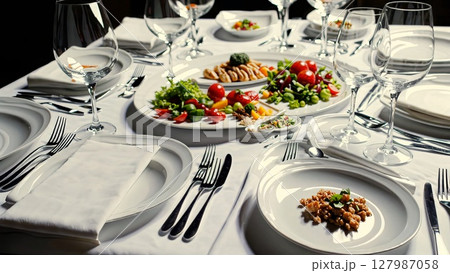 Refined dining table featuring pristine white porcelain, gleaming silverware, delicate wine glasses, folded napkins, and artfully arranged gourmet cuisine 127987058