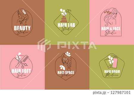 Minimal Hair and Beauty Logos. Pre-made Line Art Badges for Salon Branding in a Vector illustration Minimal Hair and Beauty Logos. Pre-made Line Art Badges for Salon Branding in a Vector illustration 127987101