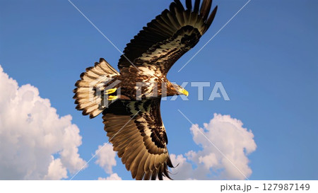 Juvenile bald eagle soaring high, powerful wings spread against azure sky with soft white clouds, embodying wild freedom and natural majesty 127987149