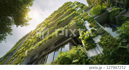 Innovative Green Architecture: Modern Glass Building Integrated with Lush Greenery, Symbolizing Sustainable Urban Design, Eco-Friendly Workspaces, and Harmony with Nature for a Healthier Environment 127987252