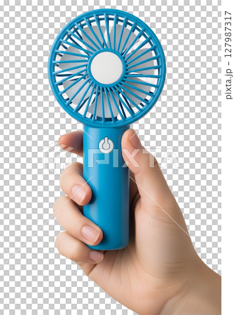 Handheld blue mini fan held in hand on transparent background, portable cooling device Handheld blue mini fan held in hand on transparent background, portable cooling device 127987317