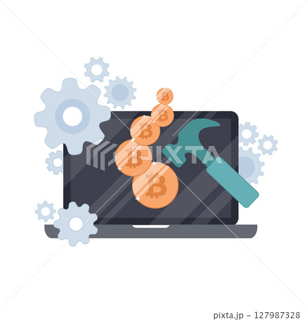 Bitcoin concept. On line funding and making investments for bitcoin. New technology icon. Flat vector illustration Bitcoin concept. On line funding and making investments for bitcoin. New technology icon. Flat vector illustration 127987328