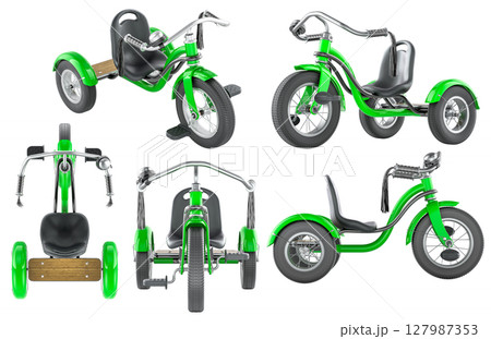 Green kids tricycle from multiple angles. 3D rendering 127987353