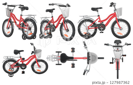 Red kids bicycle with training wheels and basket, from multiple angles. 3D rendering 127987362