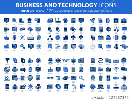 Business and marketing, programming, data management, internet connection, social network, computing, information. Flat vector illustration Business and marketing, programming, data management, internet connection, social network, computing, information. Flat vector illustration 127987373