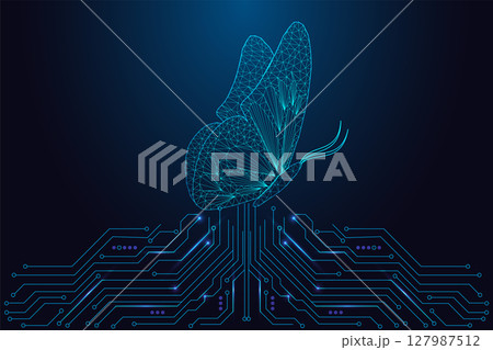 Digital transformation and personal growth concept with butterfly on tech circuit background 127987512