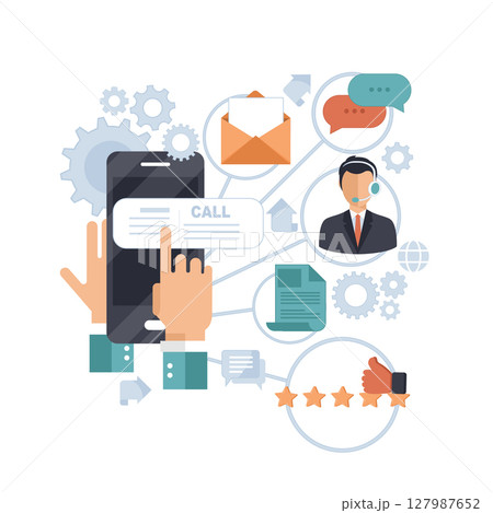 Business customer care service concept. Icons set of contact us, support, help, phone call and website click. Man sitting on the floor and holding lap top with telephone by his side. Flat vector 127987652