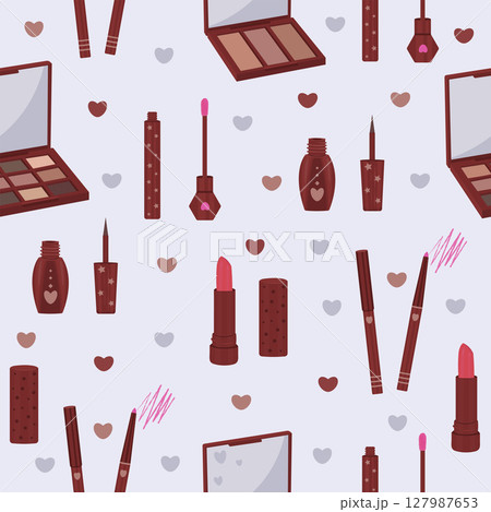 Cosmetic products, seamless pattern on grey background 127987653