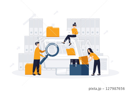 Office workers organizing data storage and file archive on server or computer. PC users searching documents on database. Vector illustration for information technology, source concept Office workers organizing data storage and file archive on server or computer. PC users searching documents on database. Vector illustration for information technology, source concept 127987656