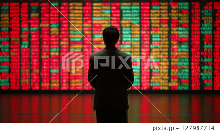 株価表示板前で佇む中年男性 127987714