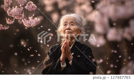 桜舞う中で祈る高齢女性の喪服姿 桜舞う中で祈る高齢女性の喪服姿 127987765