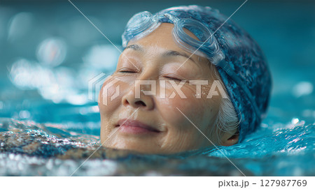 穏やかな笑顔で水面に浮かぶシニア女性 127987769
