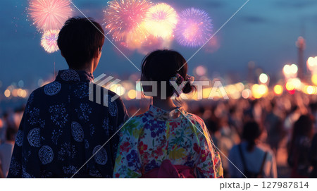 浴衣姿の日本人カップルが見上げる夏の花火 127987814