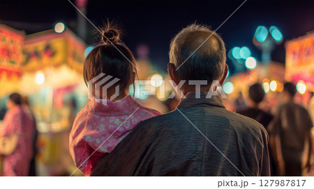 夏祭りで肩車しながら花火を見上げる日本人祖父と孫 127987817