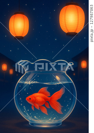 提灯灯る涼風の金魚鉢 127987863