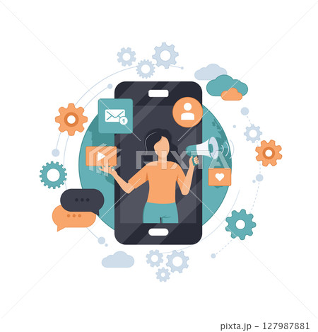 Social media marketing website banner. Digital marketing concept. Advertising and promoting. Flat vector illustration.	 127987881