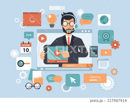 On line education and e learning concept. On line web tutorials. Flat vector illustration.	 127987914