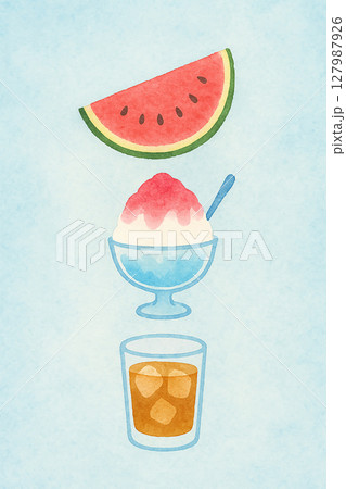 スイカ・かき氷・麦茶の夏の涼味セットイラスト（アイコン風・縦構図） 127987926