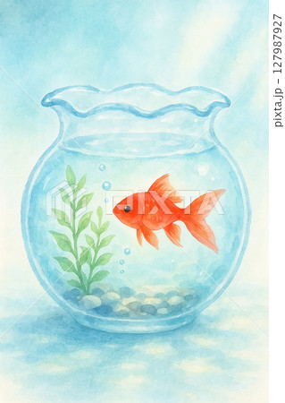 金魚鉢と水草の透明感ある夏の静物イラスト(縦構図) 金魚鉢と水草の透明感ある夏の静物イラスト(縦構図) 127987927