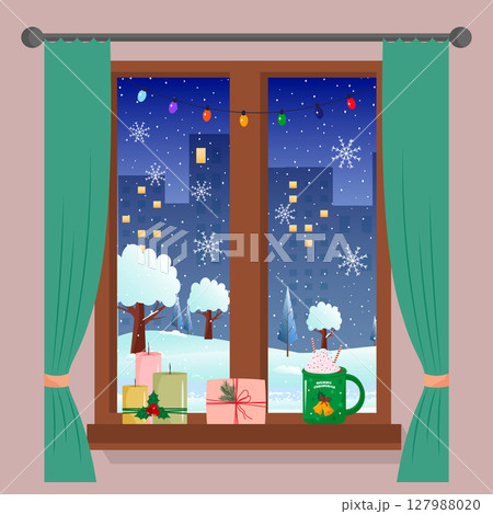 Interior window view with winter city landscape, snow, candles, hot chocolate. Cozy New Year and Christmas holiday background. Interior window view with winter city landscape, snow, candles, hot chocolate. Cozy New Year and Christmas holiday background. 127988020