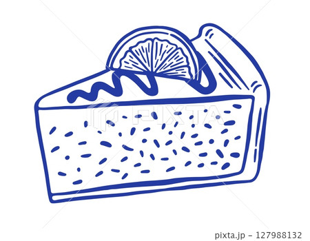 Hand draw slice of a cheesecake with lemon vector illustration. Doodle dessert cake isolated. Cafe pastry sketch style 127988132