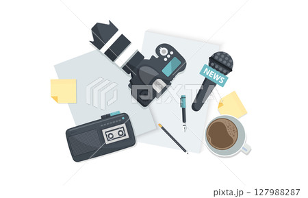 Journalism. Camera and photos. Mass media, television, interview, breaking news, press conference concept. Flat vector	 127988287