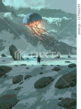 Lone Explorer Confronts Mysterious Floating Entity in Frozen Wasteland 127988295