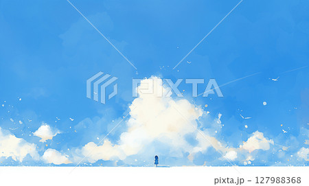 澄み渡る青空と学生 127988368
